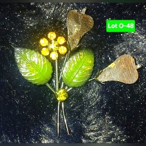Vintage Floral Brooch with Green Leaves and Yellow Accents